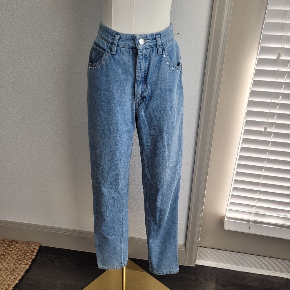 Lizwear Vintage High Waisted Jeans Embellished Studded Size 8 Fits 26 Blue 90s